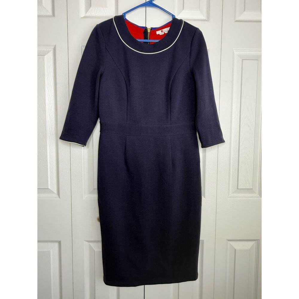 Boden Mia Ottoman Dress Sheath 3/4 Sleeve Navy Ribbed Career Office Sz 8R